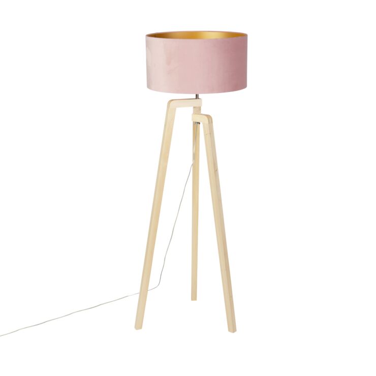 Vloerlamp tripod hout met roze velours kap 50 cm - Puros - Lampenlicht - Alles in roze