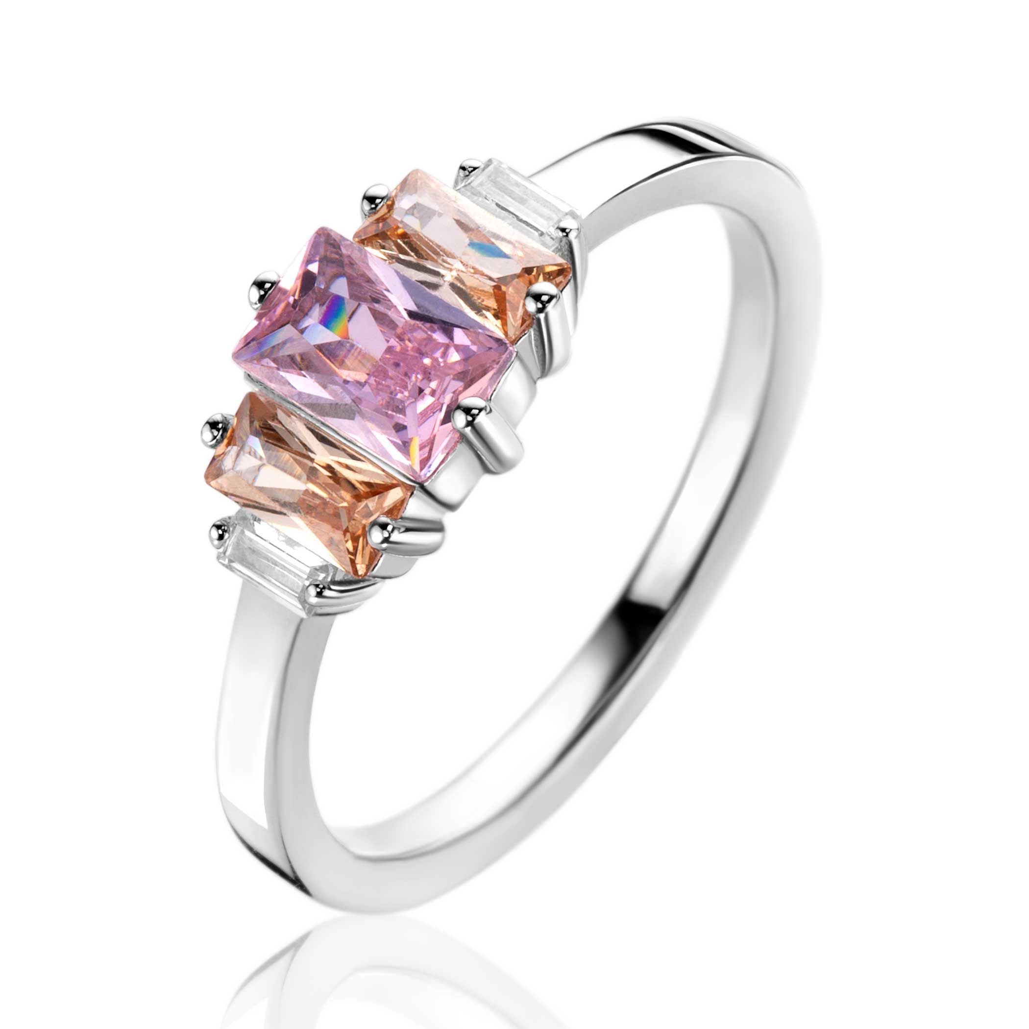 ZINZI zilveren ring, bezet met baguette geslepen zirconia's roze - Alles in roze